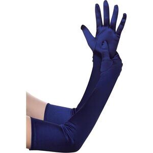 Women's Dark Blue Vintage Satin Long Gloves Party Costume Stretchy Elbow Length